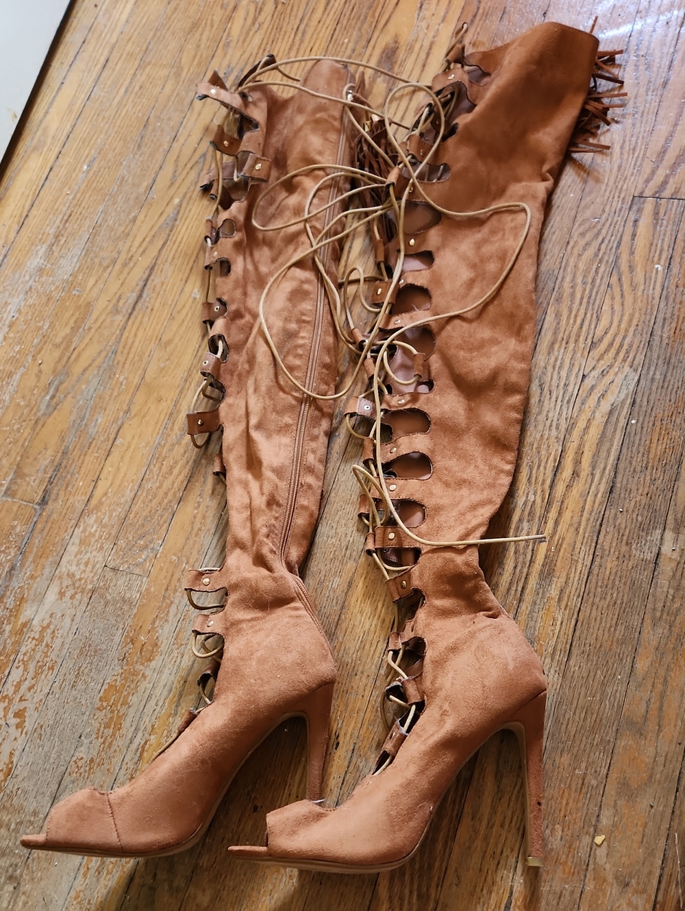 Cape Robbin Tan Suede Lace-Up Over-the-Knee Stiletto Boots